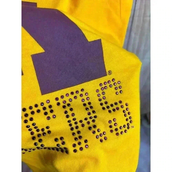 Yellow V-Neck Women's Top with Purple Graphic - Picture 3 of 7